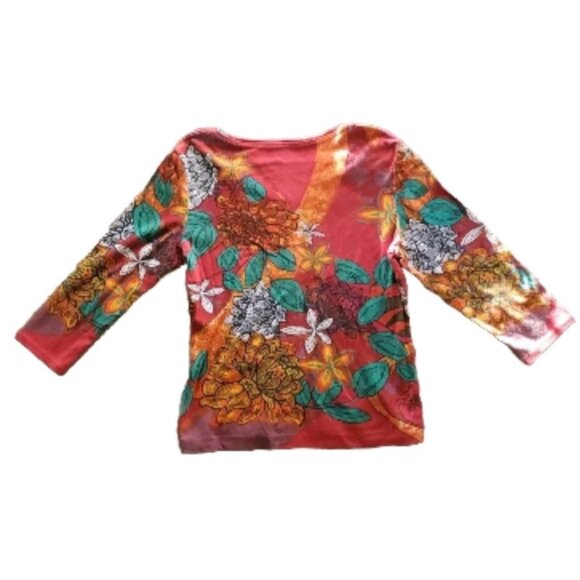 Floral Pattern V-Neck Long Sleeve Women Top Vibrant Multicolor Design - Picture 1 of 7